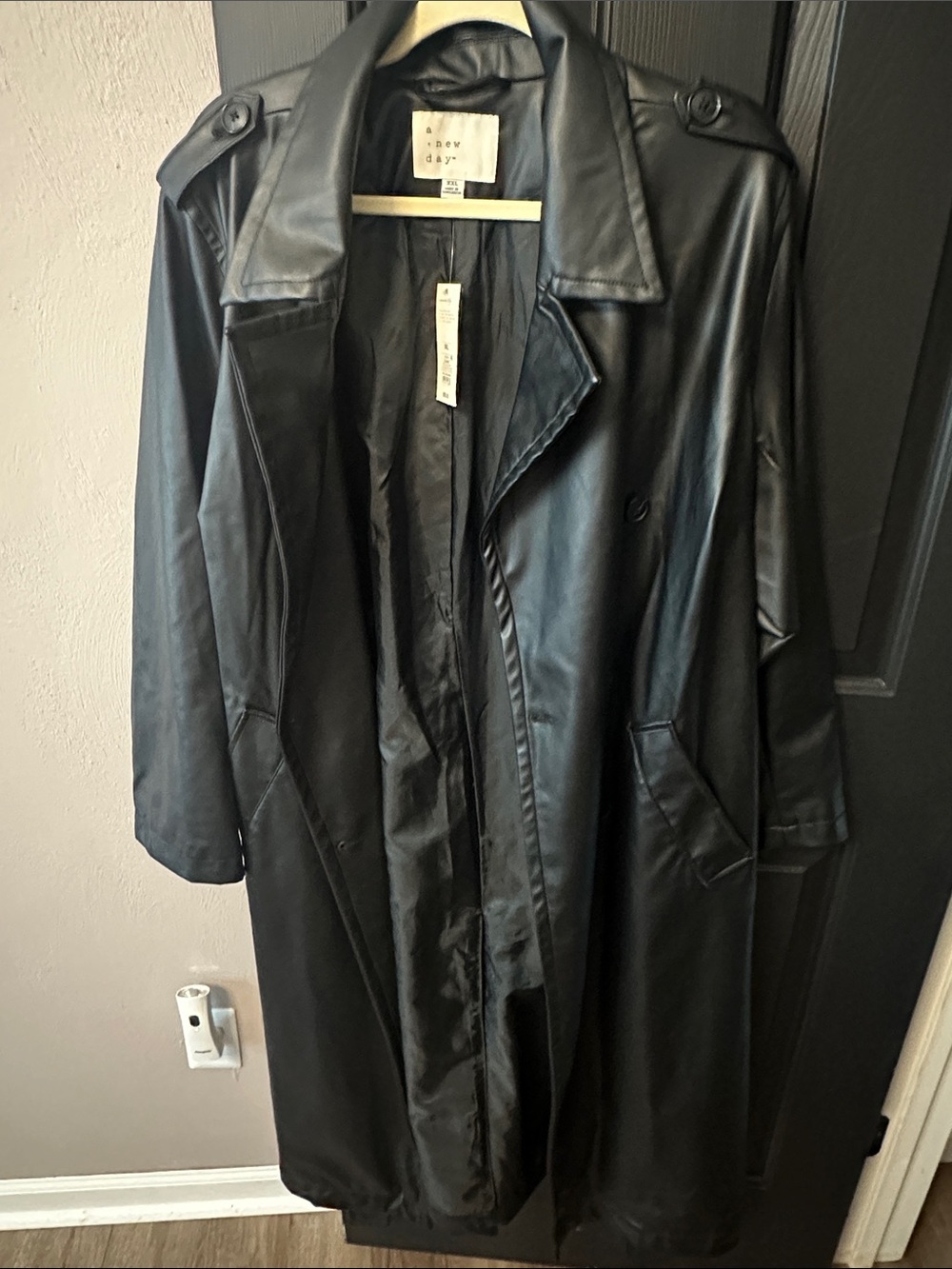 a new day Black Faux Leather Trench Coat - Sleek Double-Breasted Style